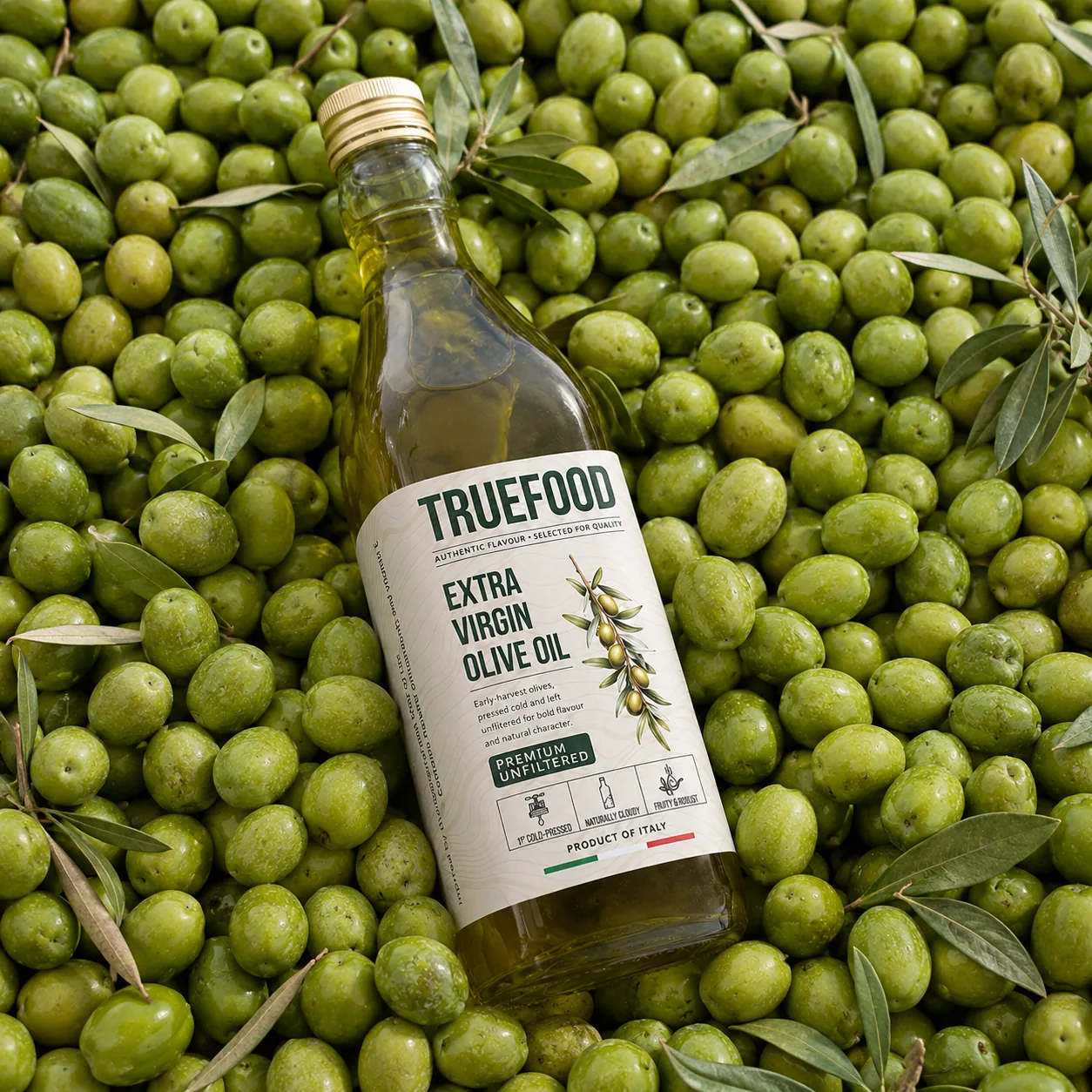 TrueFood olive oil bottle in a provenance setting