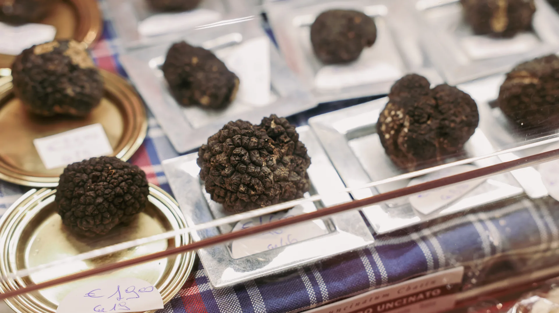 Truffles on display at a market stall
