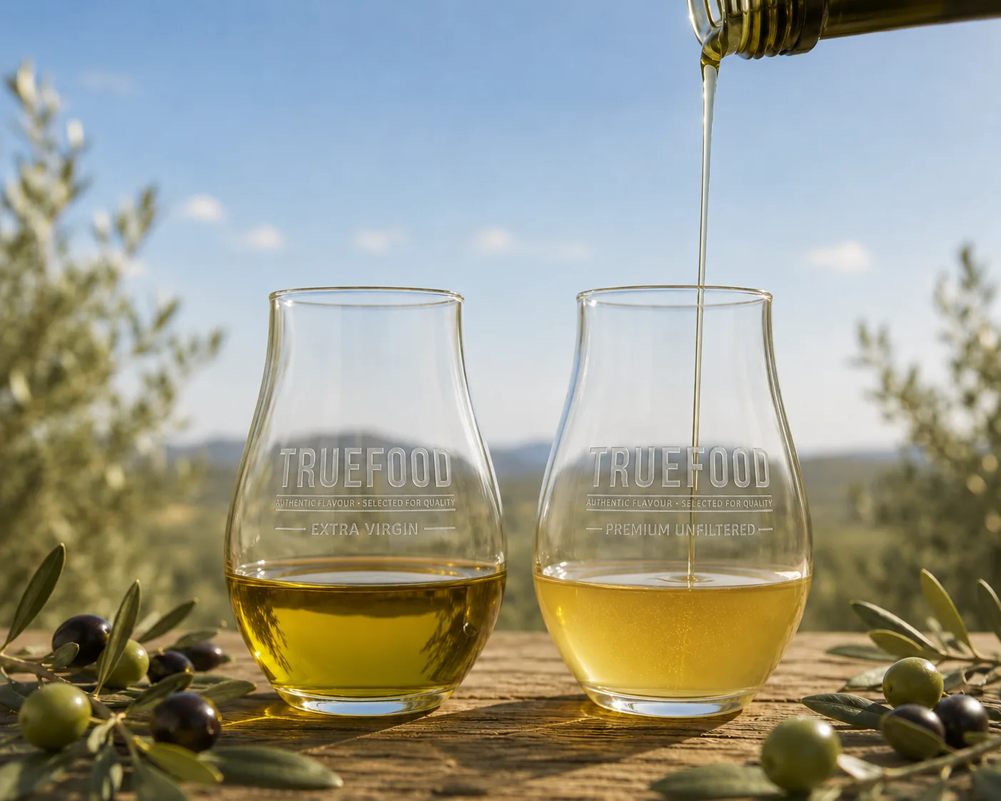 Olive oil tasting glasses arranged for evaluation