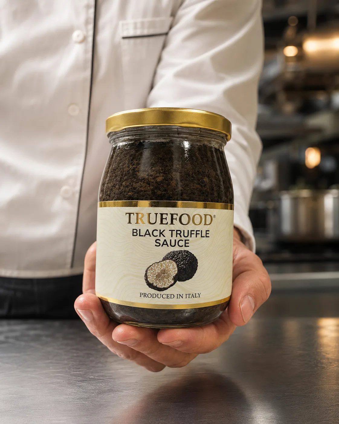 Chef holding a Black Truffle Sauce 500 g jar in a professional kitchen