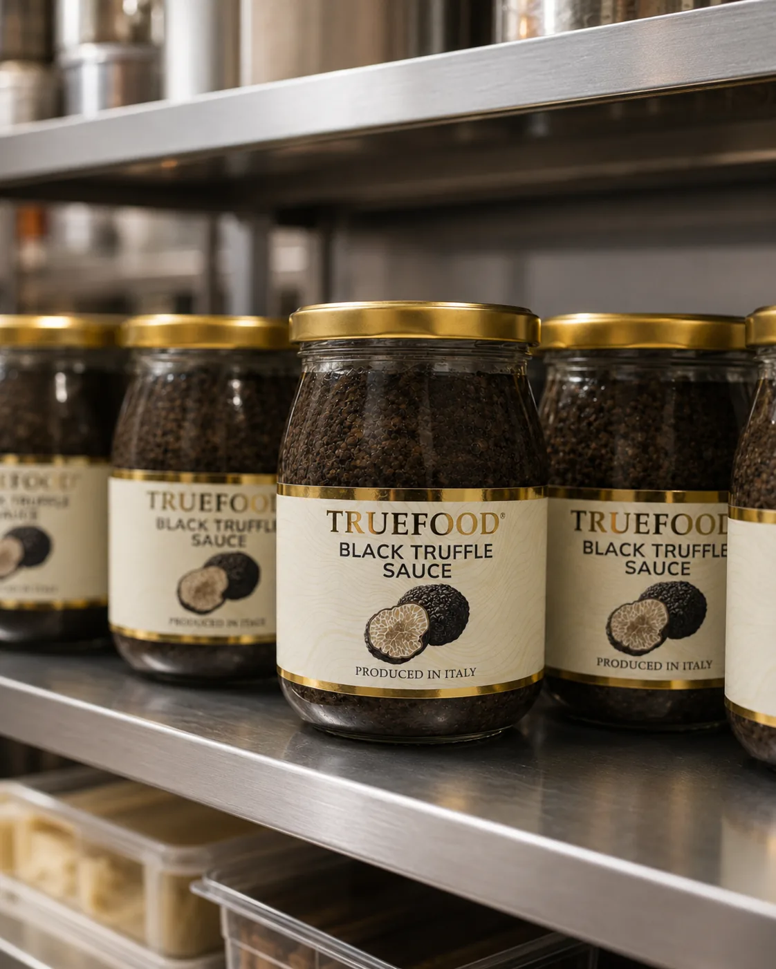 Black Truffle Sauce 500 g HoReCa jar on a kitchen shelf