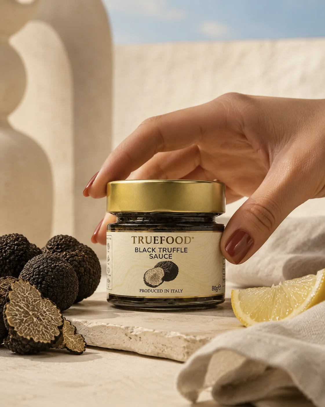 Hand reaching for a Black Truffle Sauce 80 g jar on a tabletop with fresh truffles