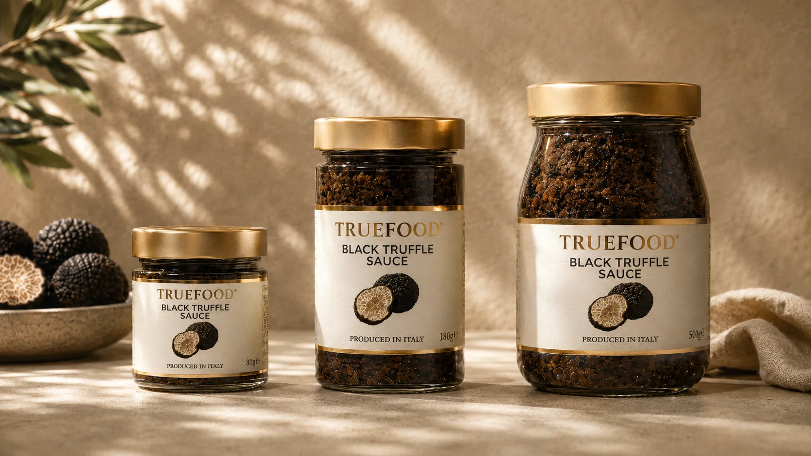 Black Truffle Sauce 80 g, 180 g, and 500 g jars lined up together